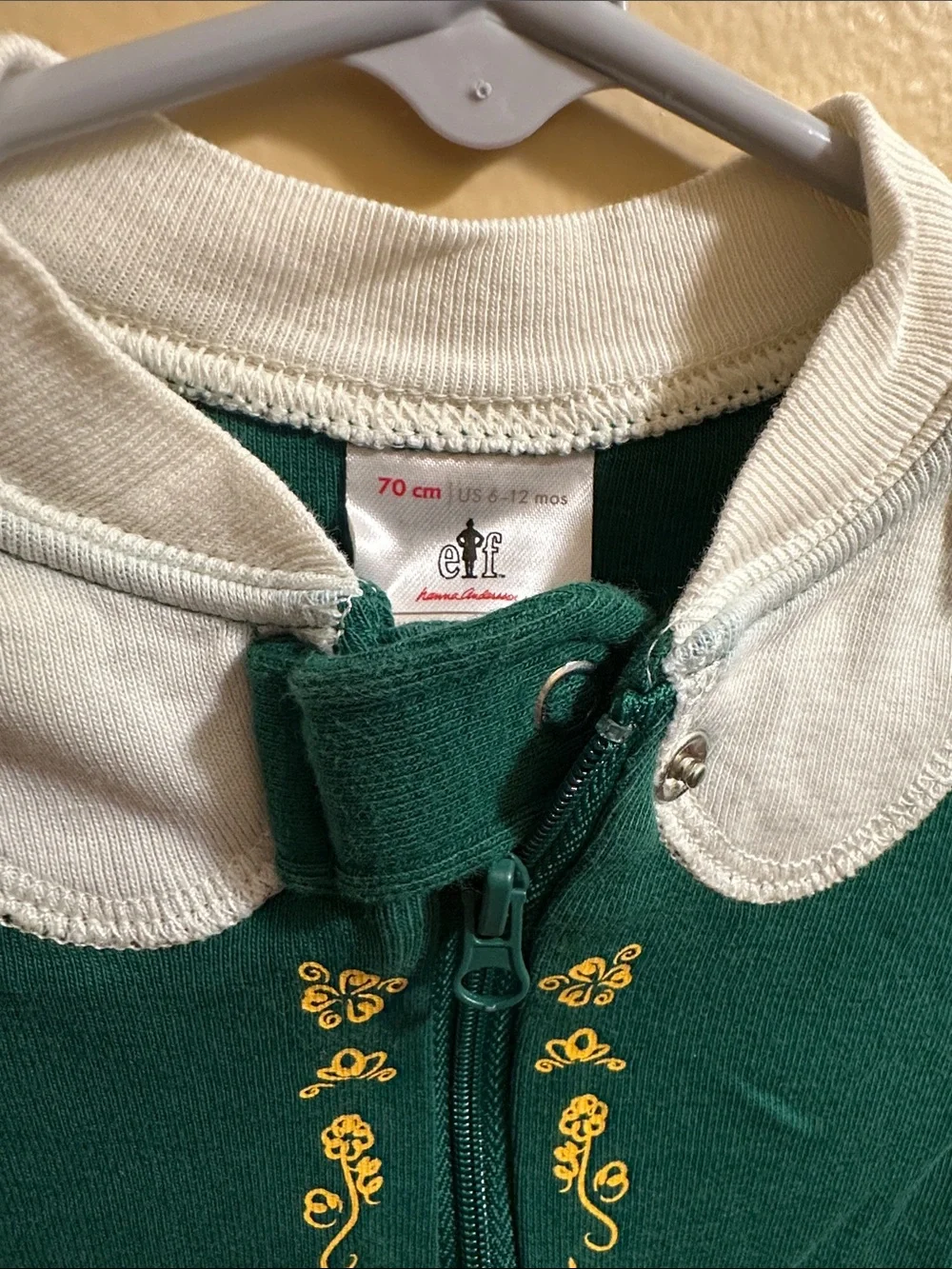 Hanna Andersson Green, Yellow & White Elf Pajamas Zipper Jumpsuit